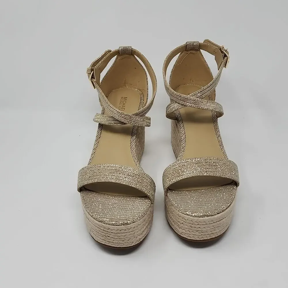 Michael Kors Metallic Gold Serena Espadrilles Platform Wedge Sandals Size 9